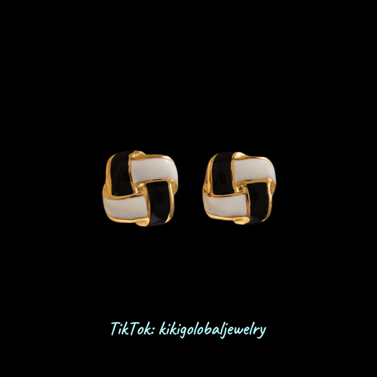 18K Gold Stainless Steel Square Black and White Checkerboard Earrings