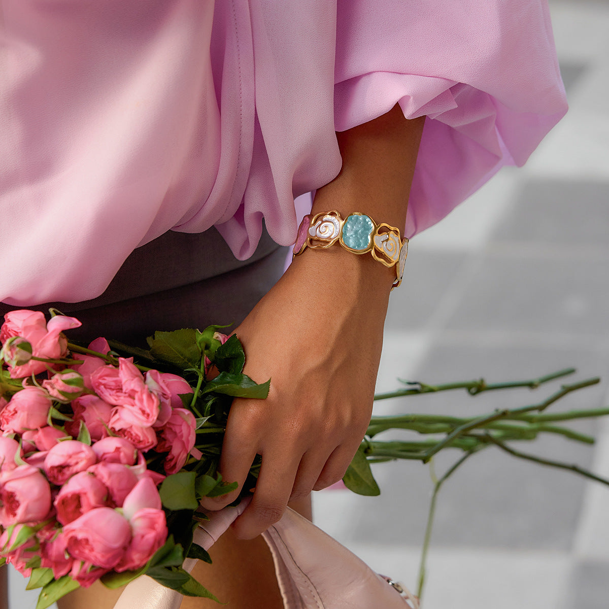 18K Gold and Stainless Steel Floral Rose Cuff Bracelet