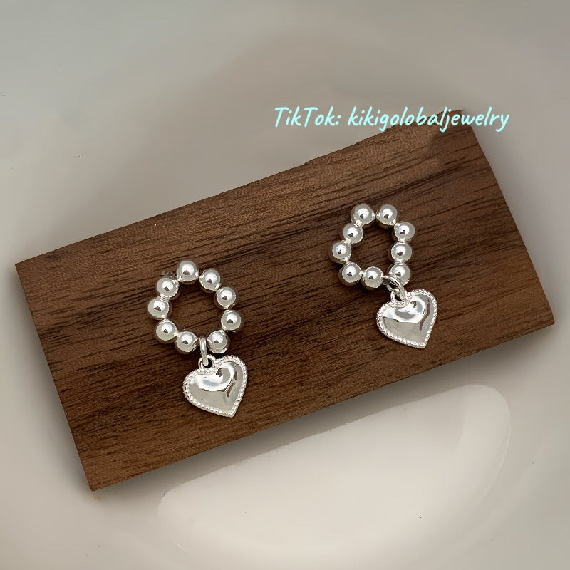 S925 sterling silver beaded heart earrings
