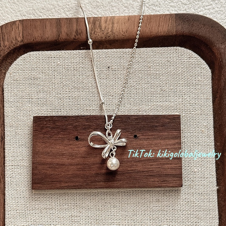 s925 sterling silver bow pearl necklace