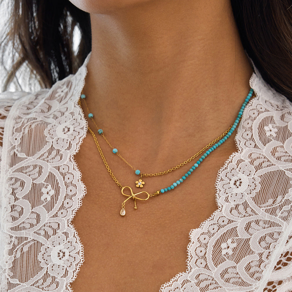 18K gold and stainless steel small blue turquoise pendant necklace