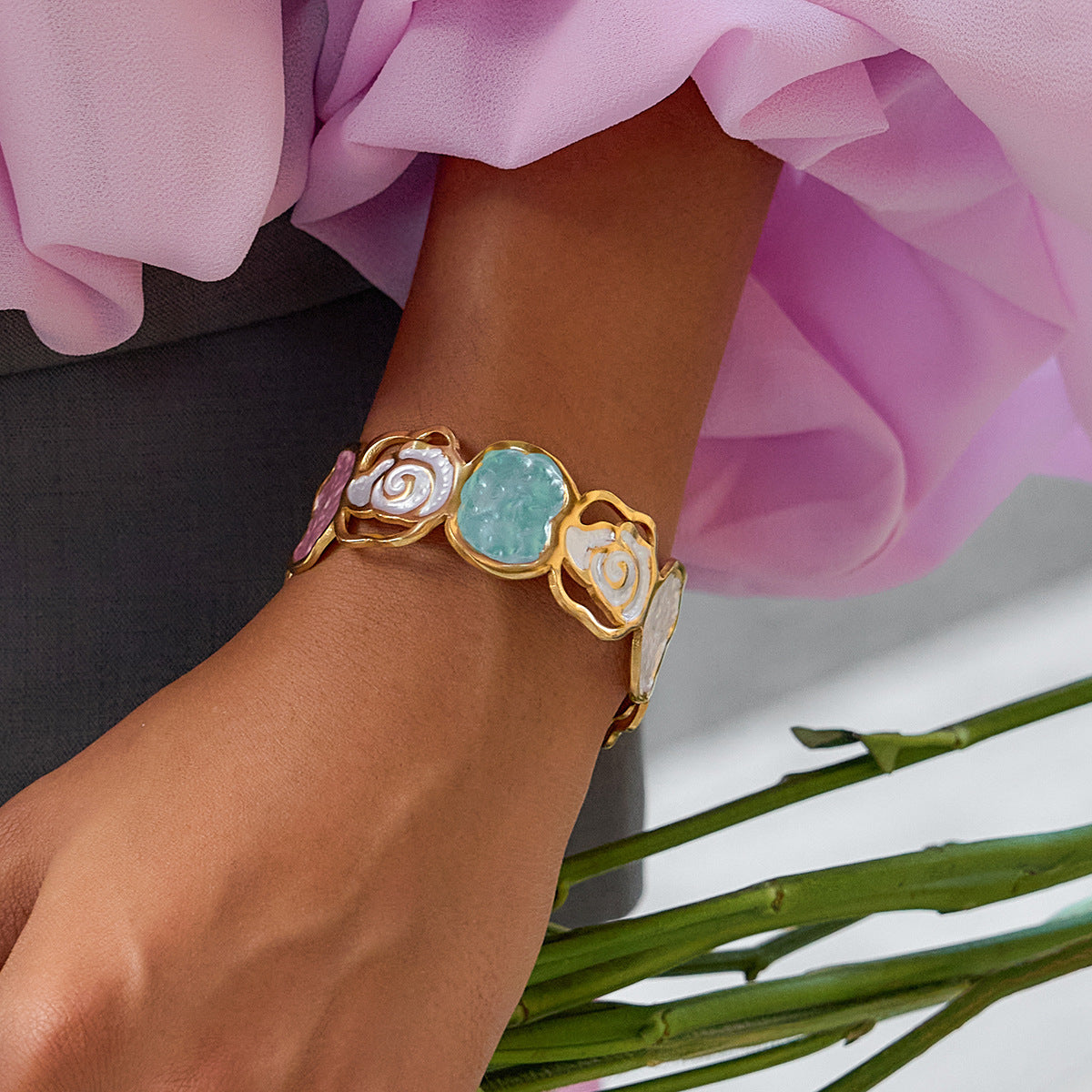 18K Gold and Stainless Steel Floral Rose Cuff Bracelet