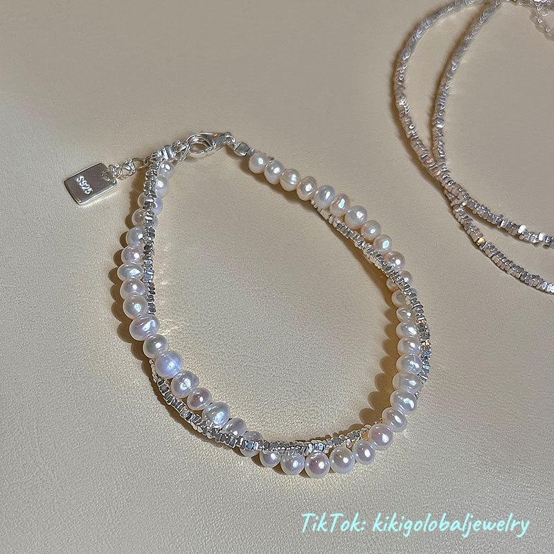 s925 sterling silver natural baroque pearl broken silver double layer bracelet