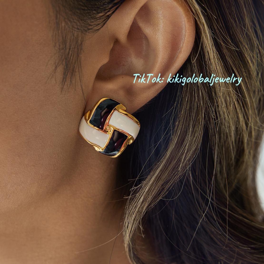 18K Gold Stainless Steel Square Black and White Checkerboard Earrings