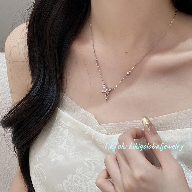 s925 sterling silver butterfly pink diamond necklace
