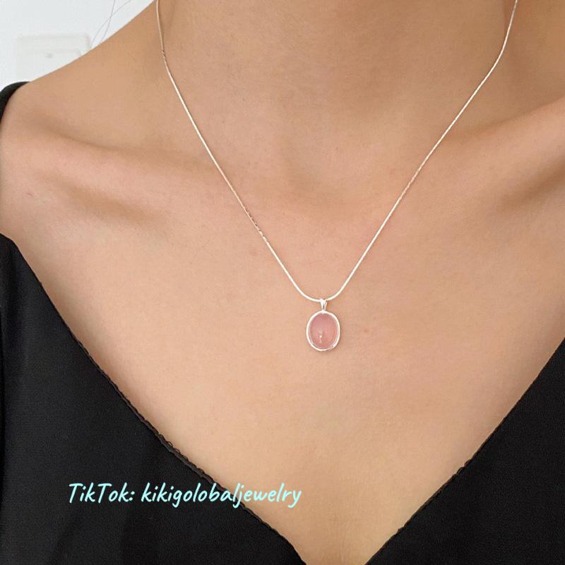 S925 sterling silver pink natural stone necklace