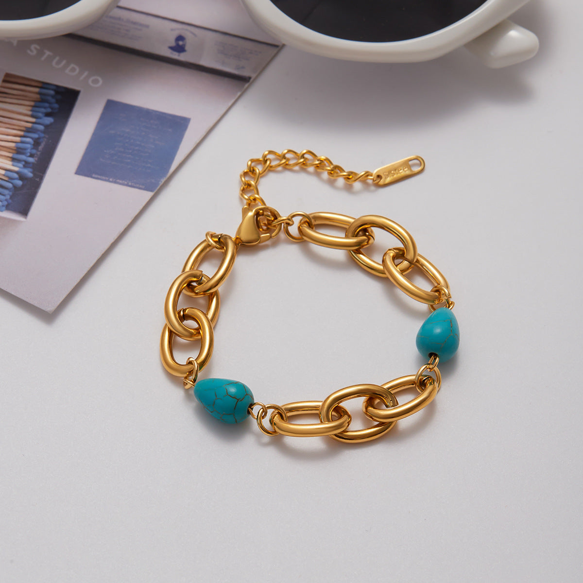 18K Gold and Stainless Steel Wide Oval Blue Turquoise Bracelet