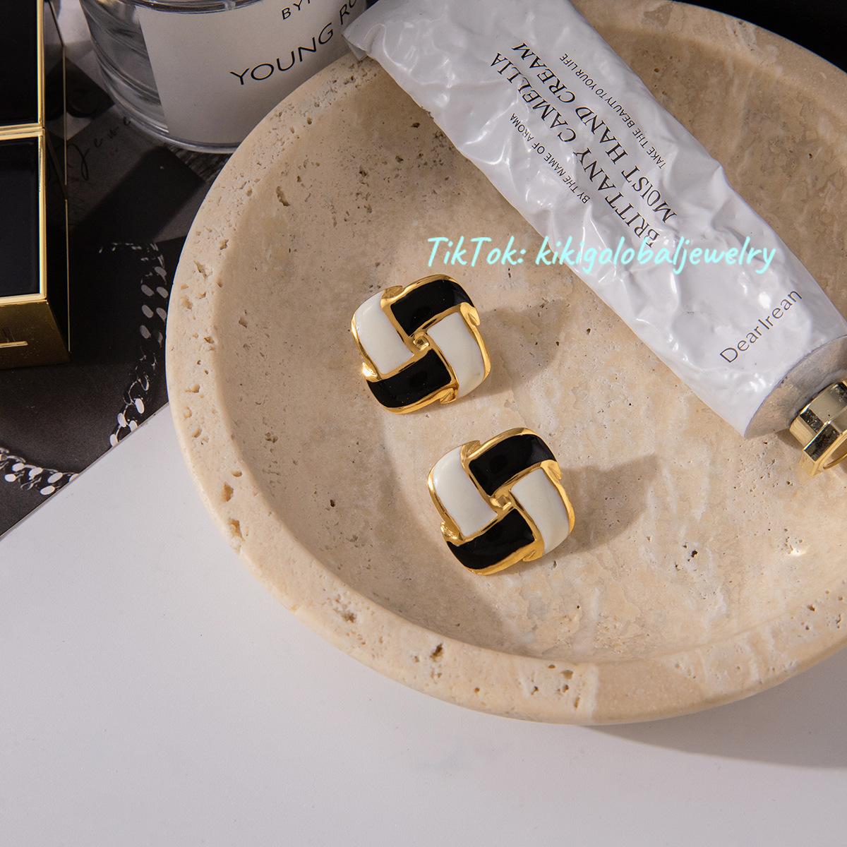 18K Gold Stainless Steel Square Black and White Checkerboard Earrings