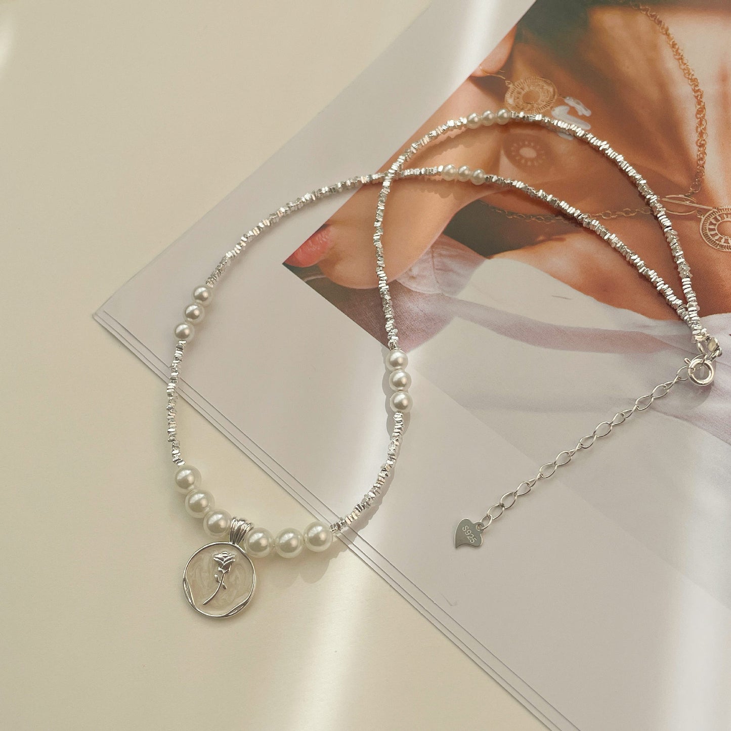 S925 Rose Clavicle Pearl Necklace