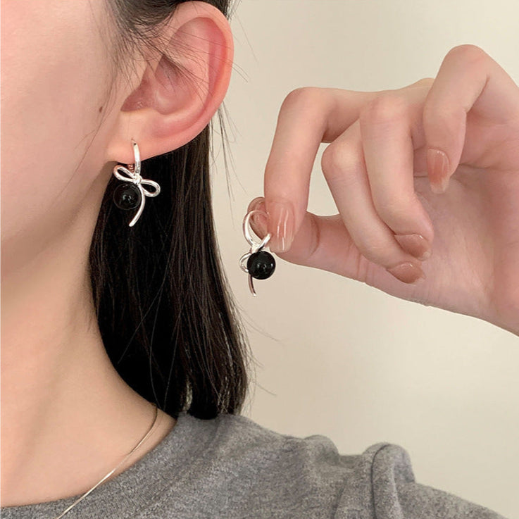 S925 artificial pearl bow earrings