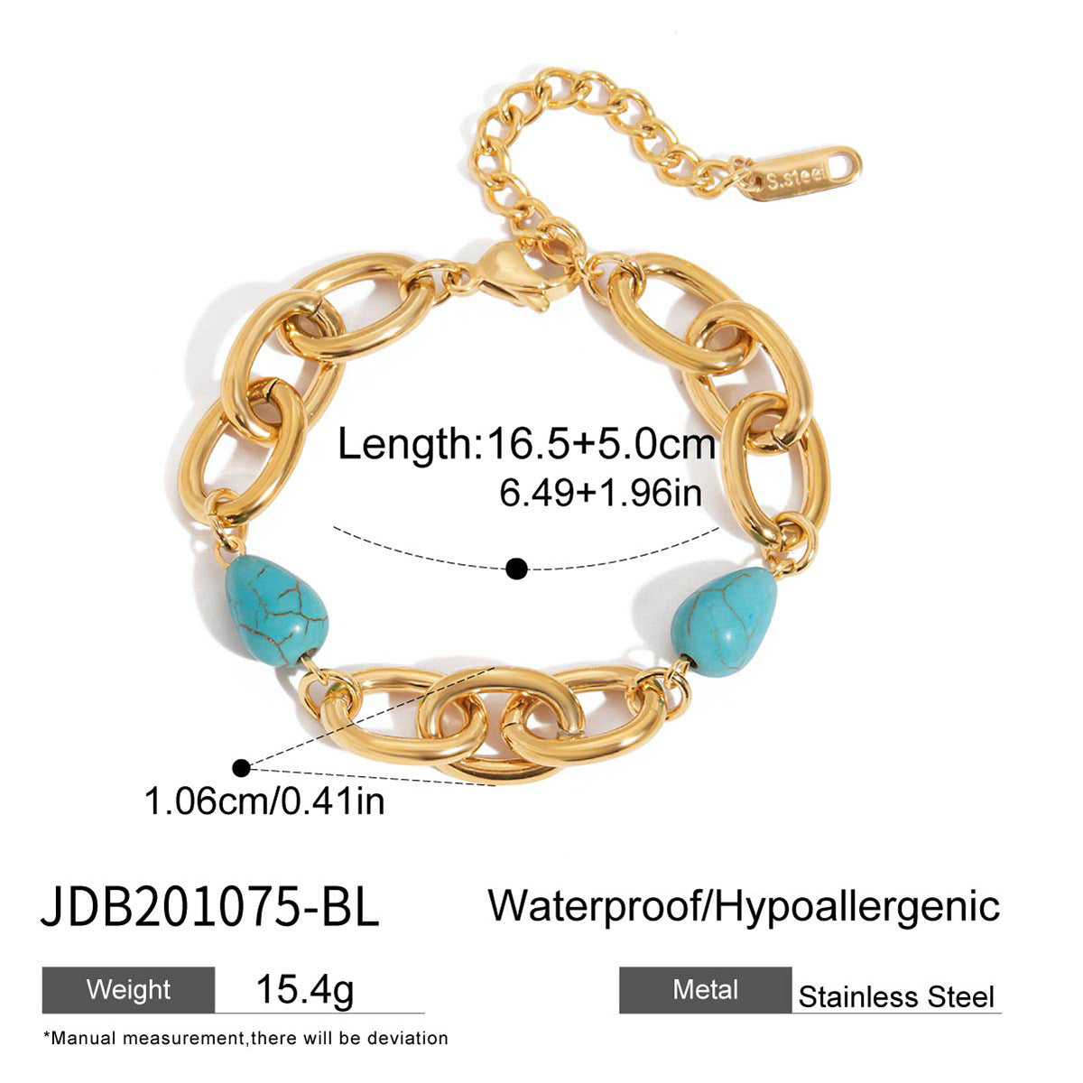 18K Gold and Stainless Steel Wide Oval Blue Turquoise Bracelet