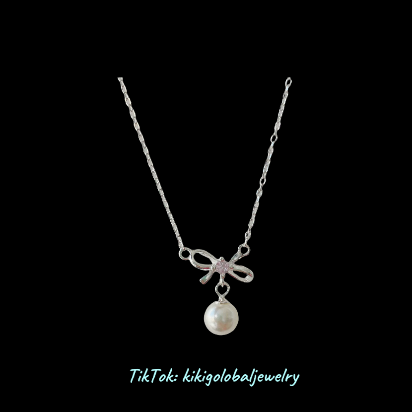 S925 sterling silver pink diamond bow pearl necklace