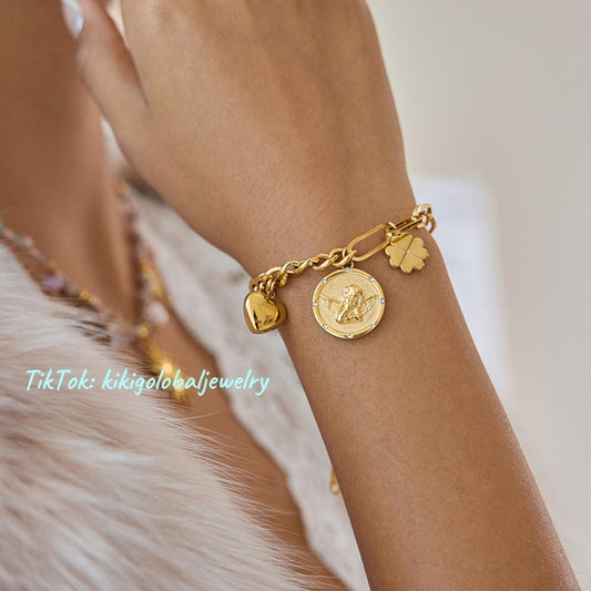 18K Gold Stainless Steel Heart Angel Bracelet
