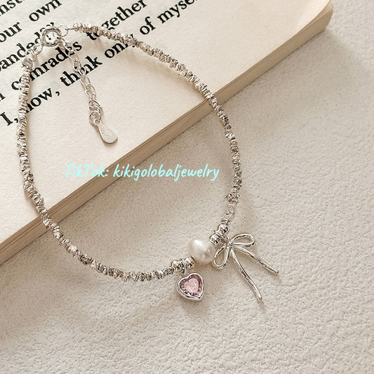 S925 sterling silver pink heart bow pearl silver bracelet