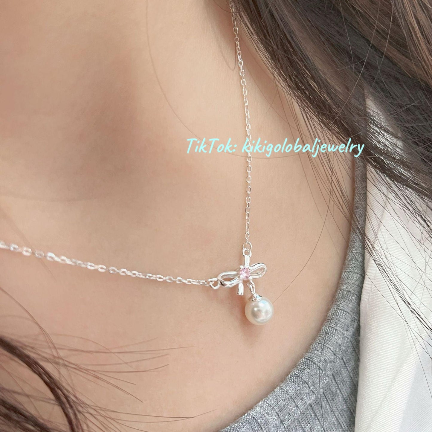 S925 sterling silver pink diamond bow pearl necklace