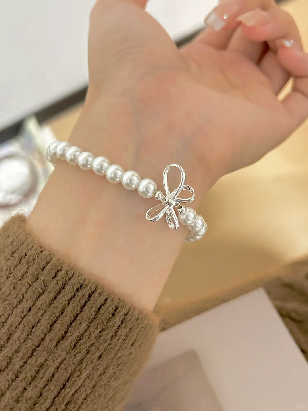 S925 silver bow pearl bracelet