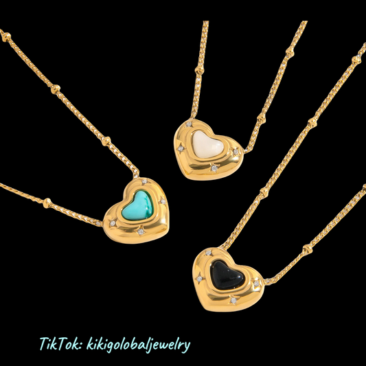 Stainless Steel Heart Blue Turquoise Pendant Necklace