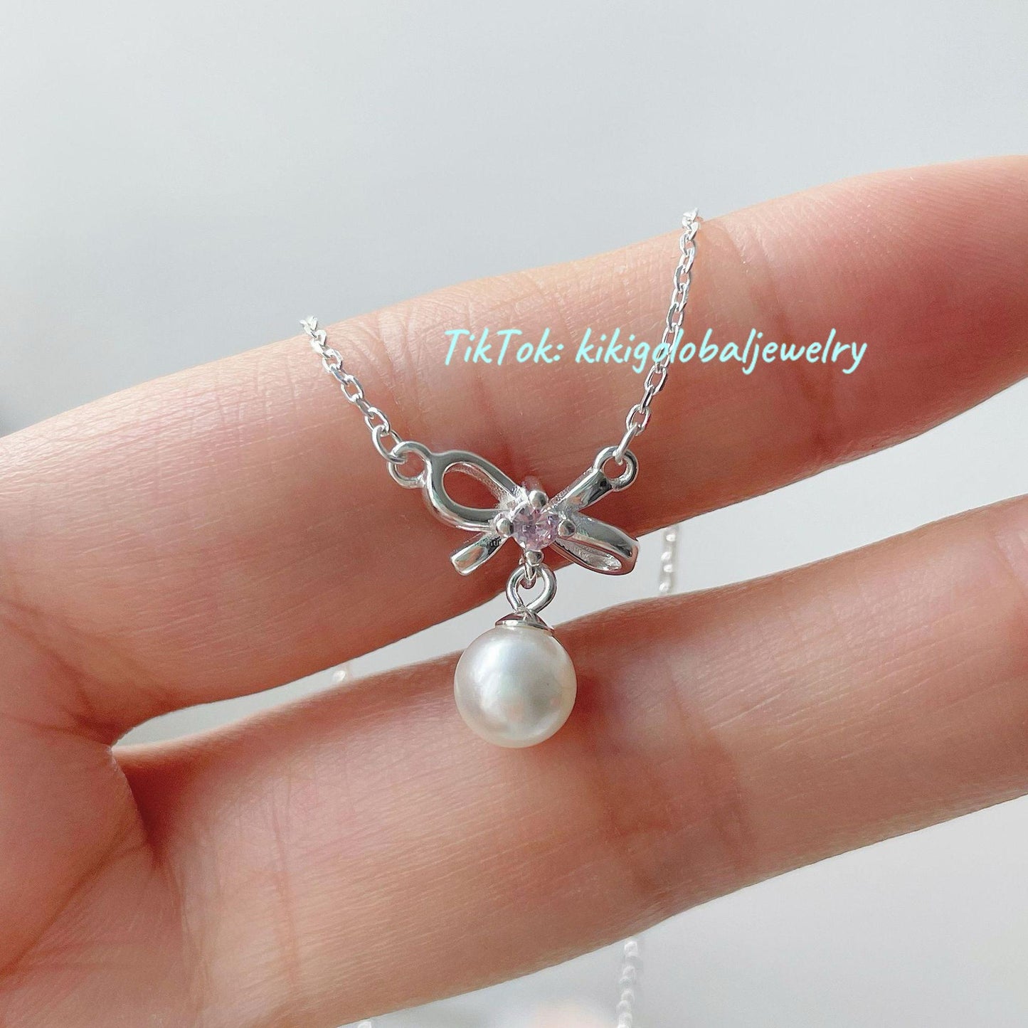 S925 sterling silver pink diamond bow pearl necklace