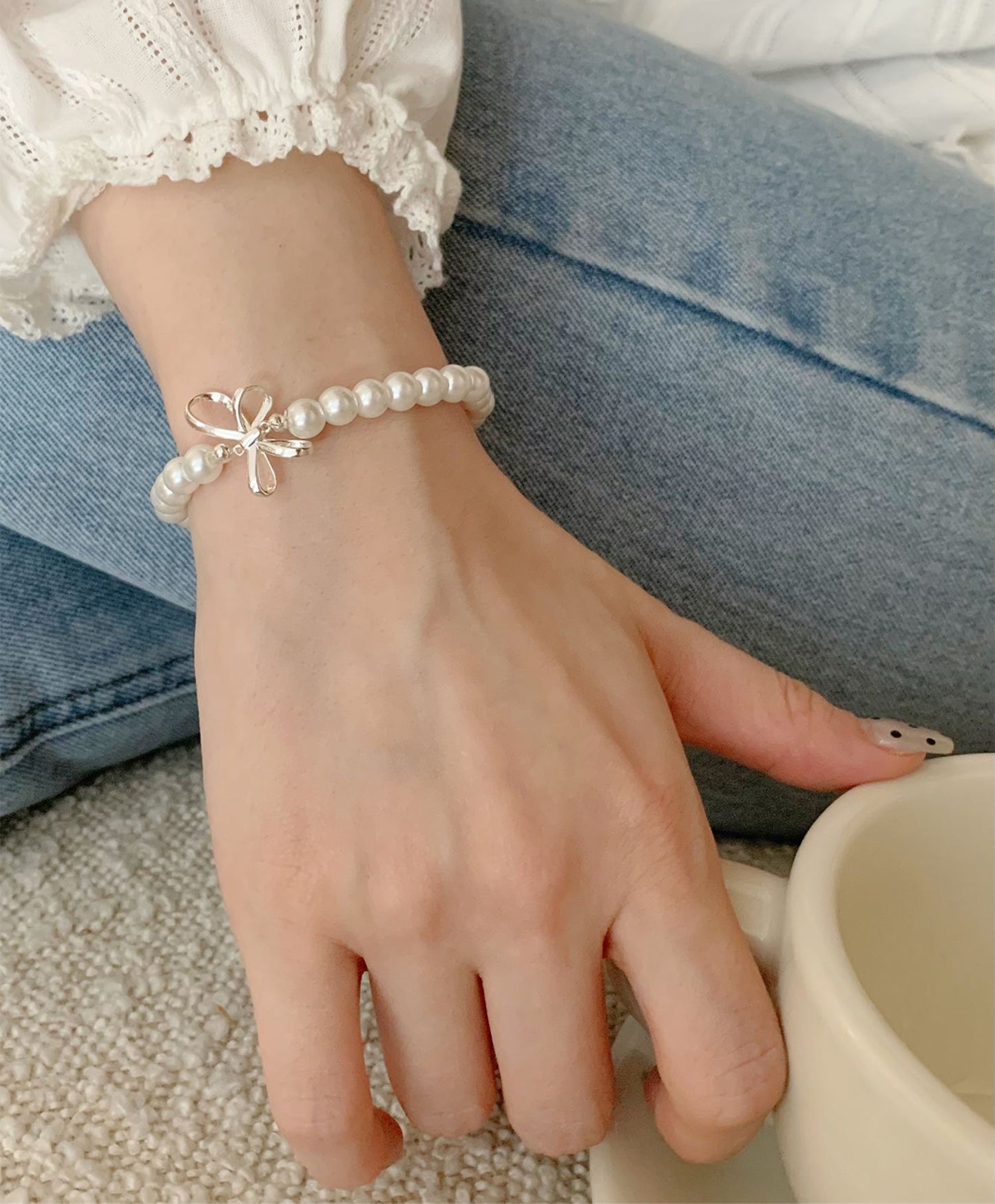 S925 silver bow pearl bracelet