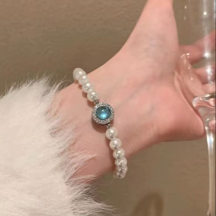 s925 sterling silver aquamarine pearl bracelet