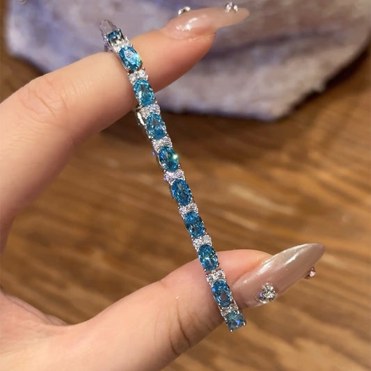 S925 silver high carbon diamond 4*6 sea blue full diamond bracelet