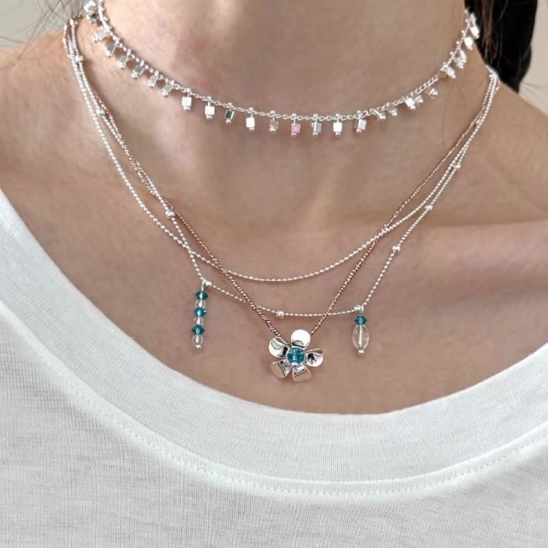 Silver Square Water Blue Flower Clavicle Necklace