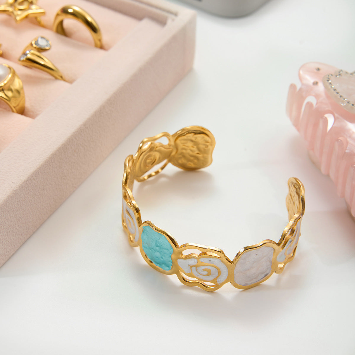 18K Gold and Stainless Steel Floral Rose Cuff Bracelet