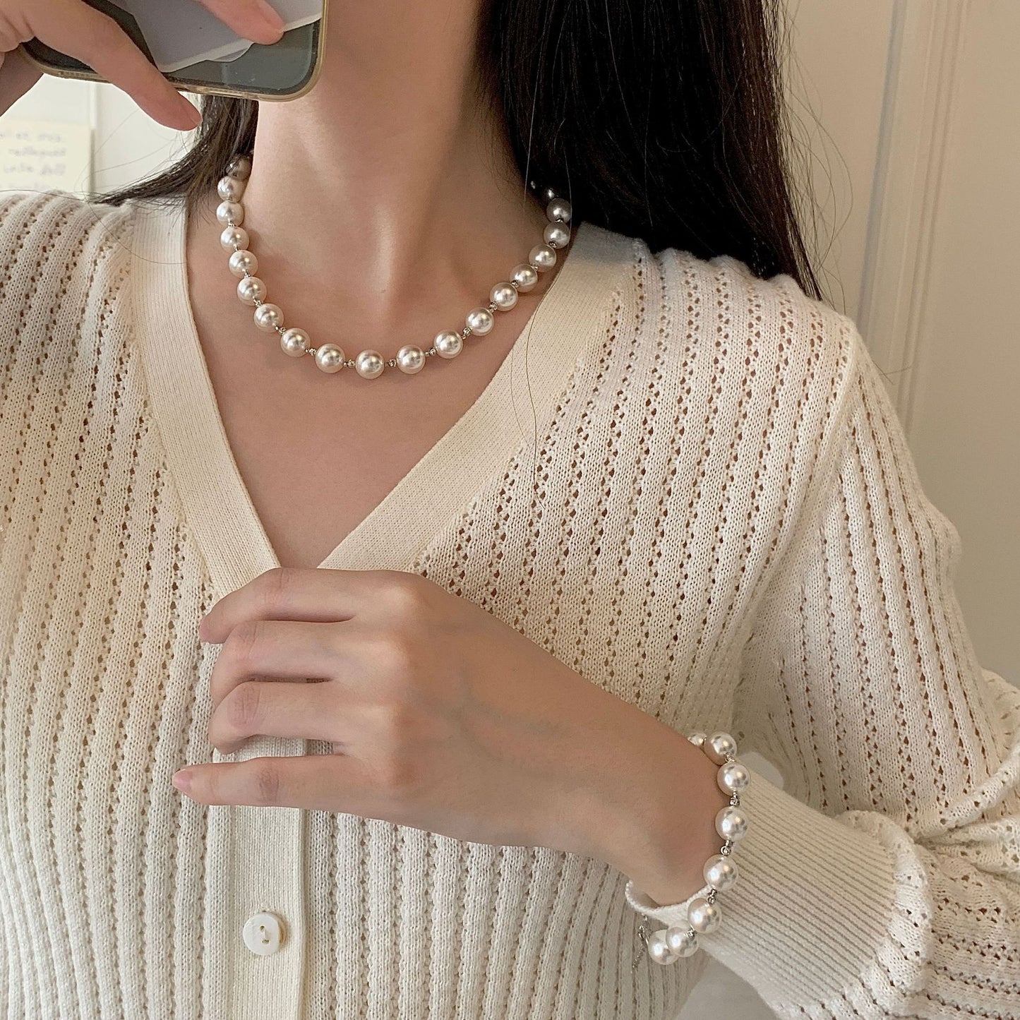 S925 sterling silver round pearl necklace