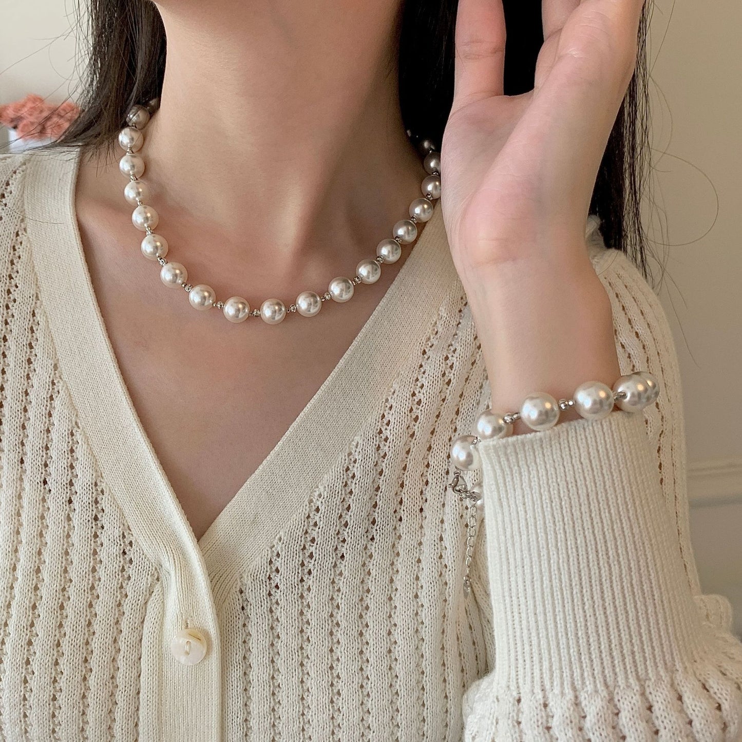 S925 sterling silver round pearl necklace