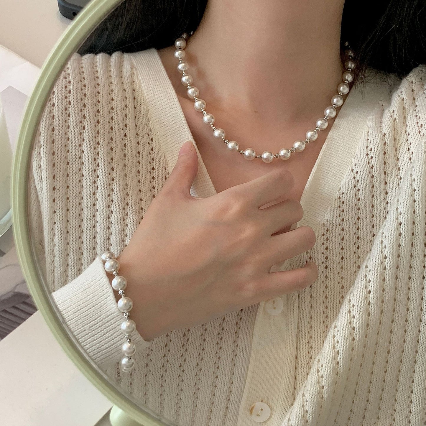 S925 sterling silver round pearl necklace