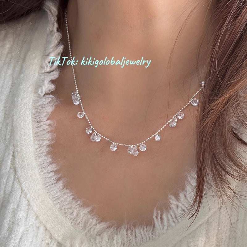 S925 silver teardrop round zircon necklace