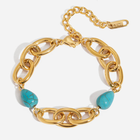 18K Gold and Stainless Steel Wide Oval Blue Turquoise Bracelet