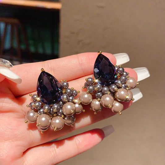 Green Gemstone Pearl Stud Earrings