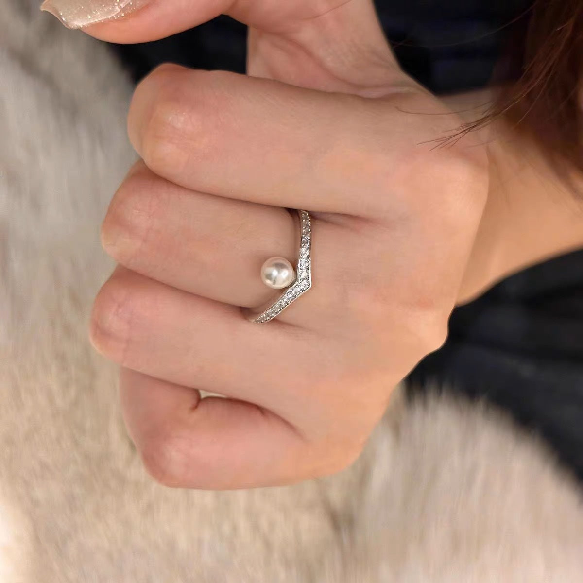 Pearl and zircon open ring
