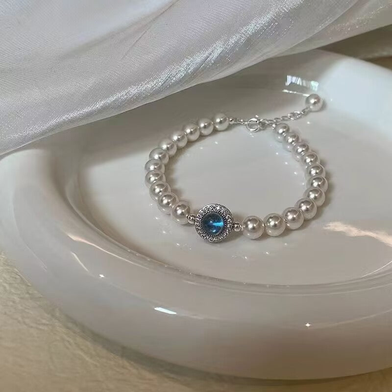 s925 sterling silver aquamarine pearl bracelet
