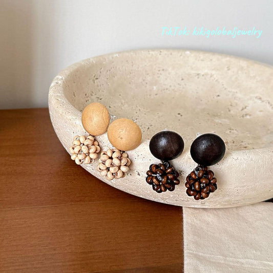 Hand-woven round wooden bead pine cone earrings