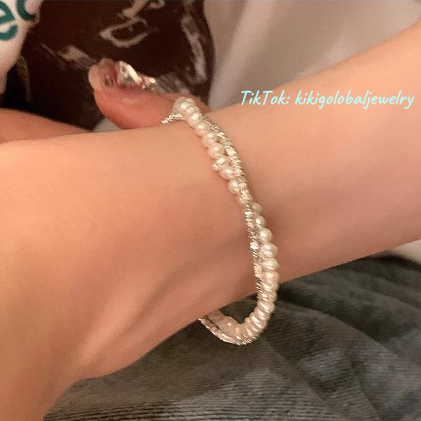 s925 sterling silver natural baroque pearl broken silver double layer bracelet