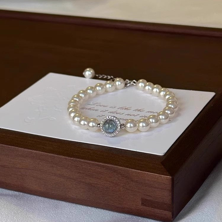 s925 sterling silver aquamarine pearl bracelet