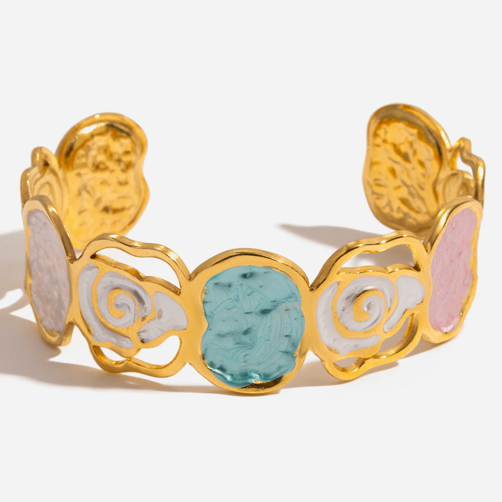 18K Gold and Stainless Steel Floral Rose Cuff Bracelet