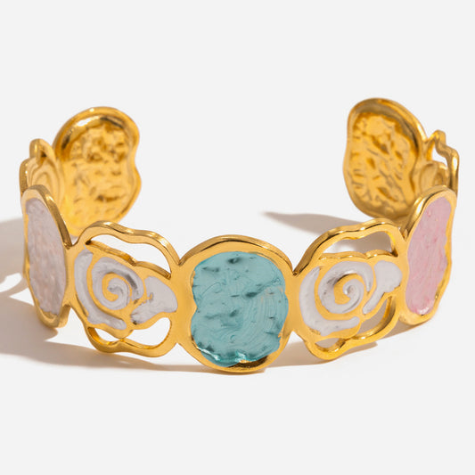 18K Gold and Stainless Steel Floral Rose Cuff Bracelet
