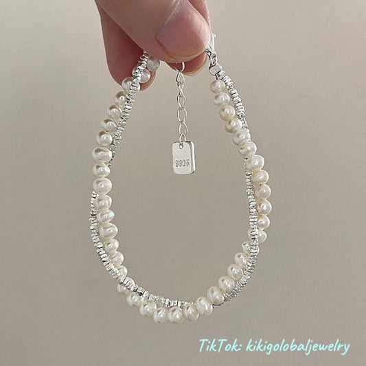 s925 sterling silver natural baroque pearl broken silver double layer bracelet
