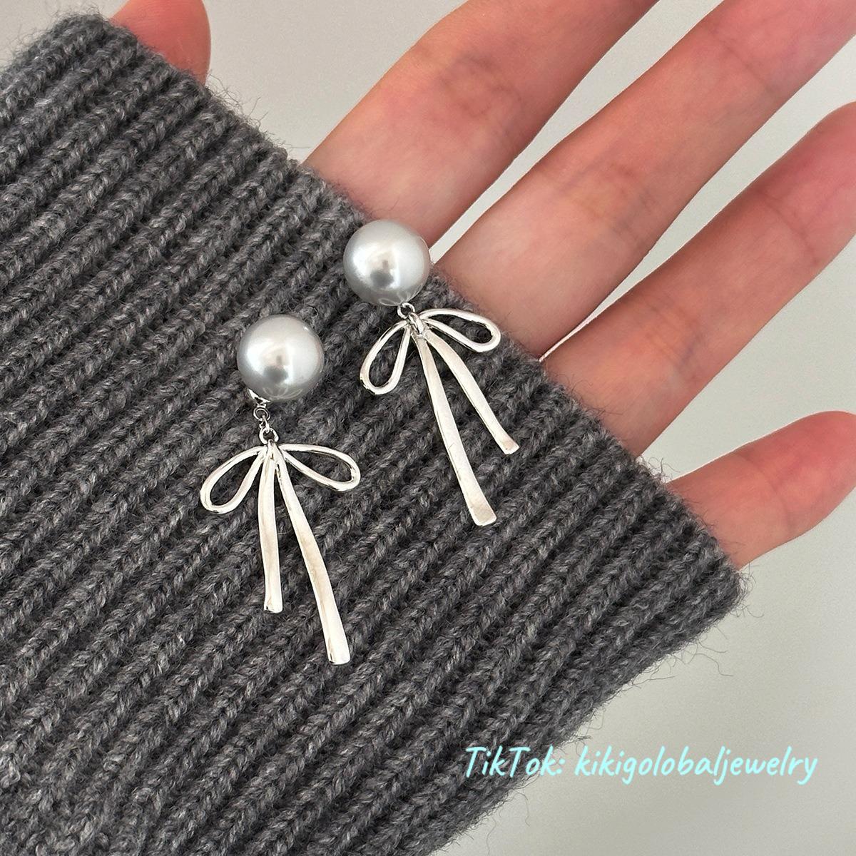 s925 silver stripe pattern bow pearl earrings