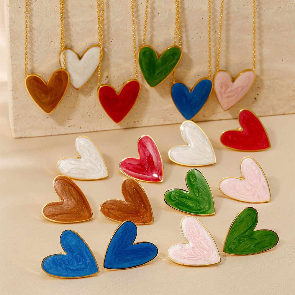 Heart Enamel Stainless Steel Necklace and Earrings