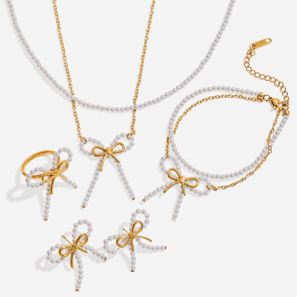 18K Gold Stainless Steel Pearl Bow Earrings