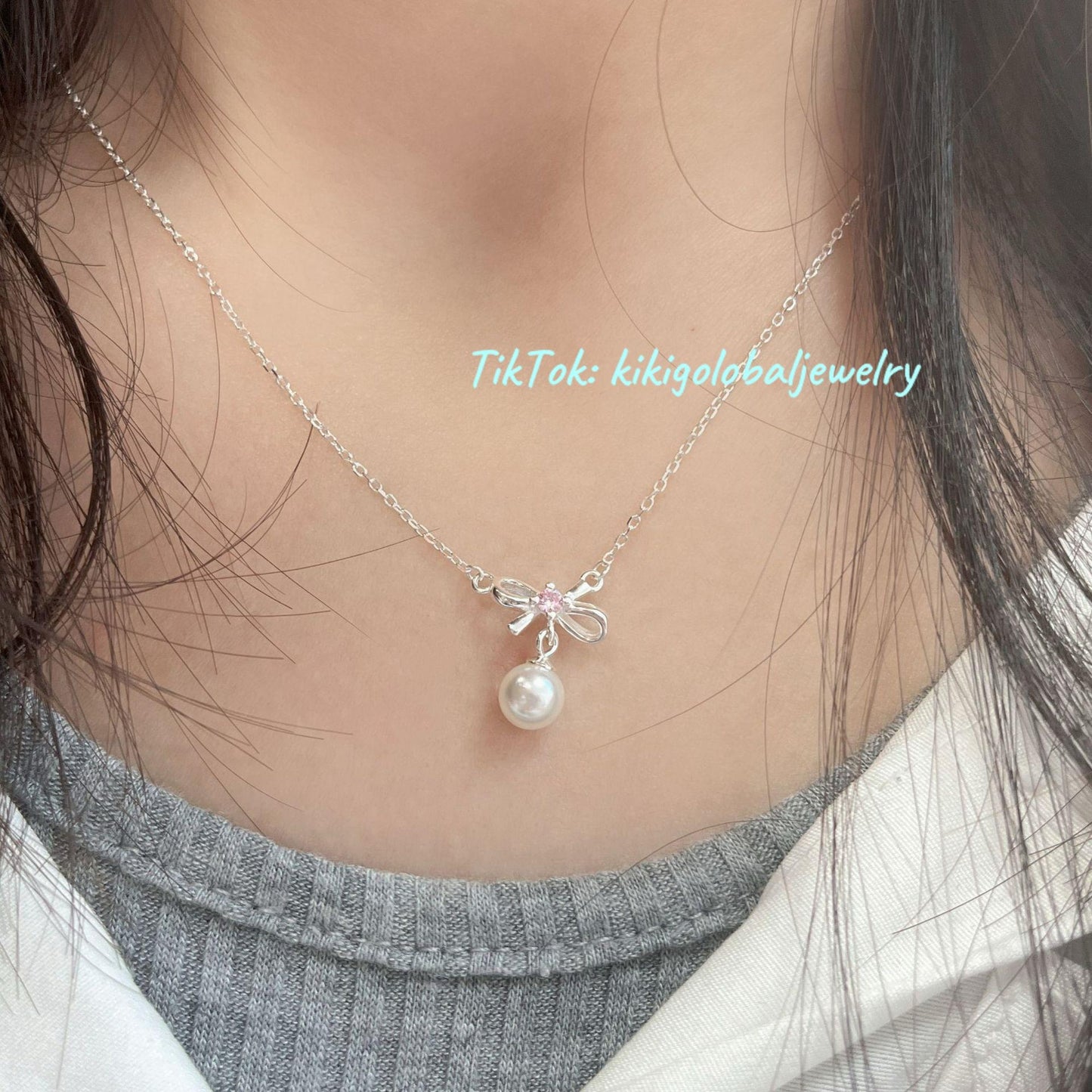 S925 sterling silver pink diamond bow pearl necklace