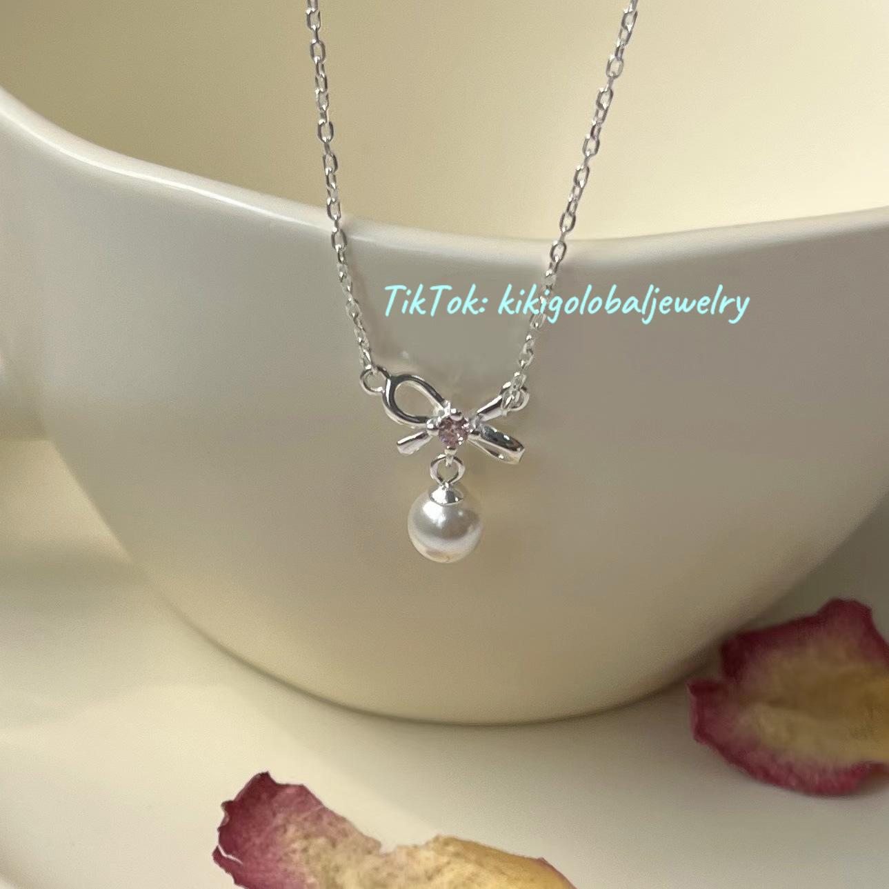 S925 sterling silver pink diamond bow pearl necklace