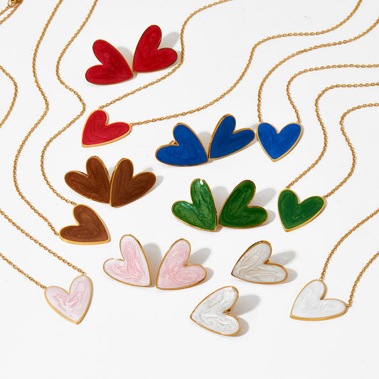 Heart Enamel Stainless Steel Necklace and Earrings
