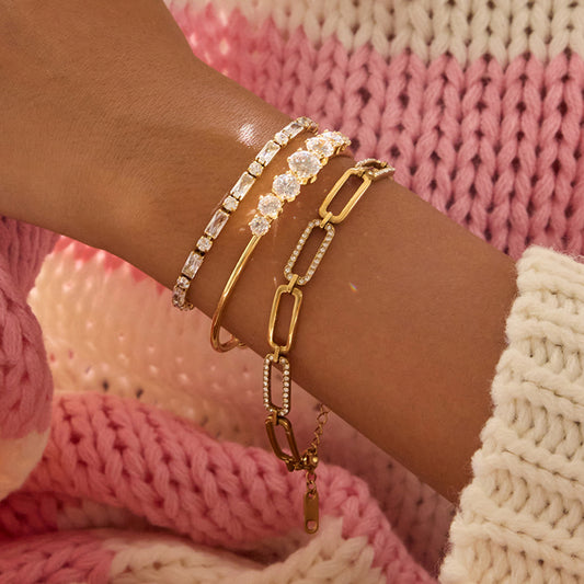 18K Gold and Stainless Steel Round White Cubic Zirconia Cuff Bracelet