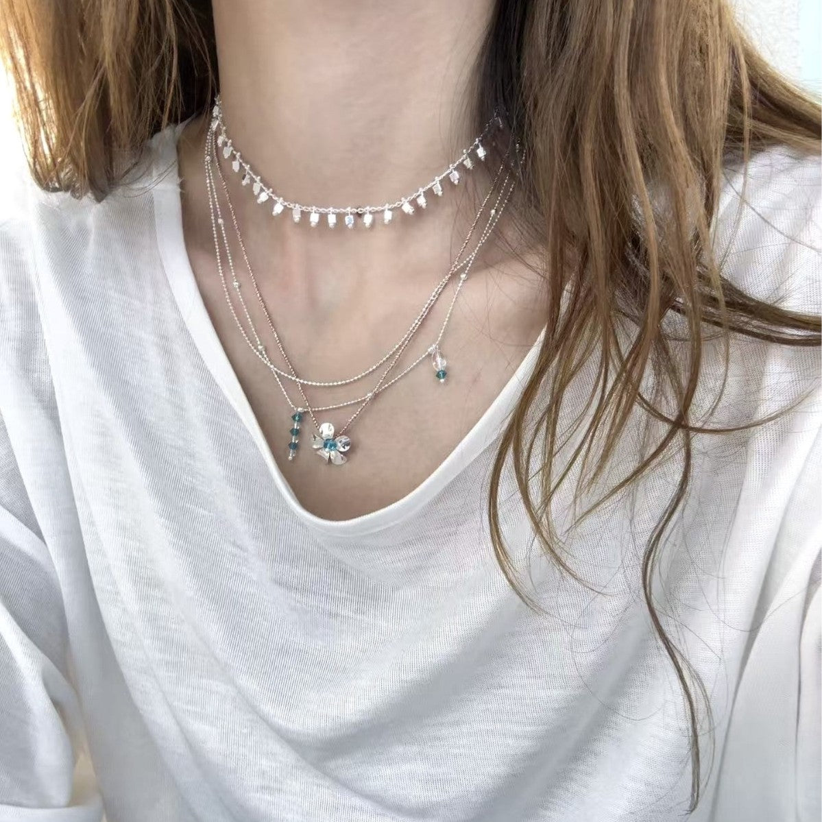 Silver Square Water Blue Flower Clavicle Necklace