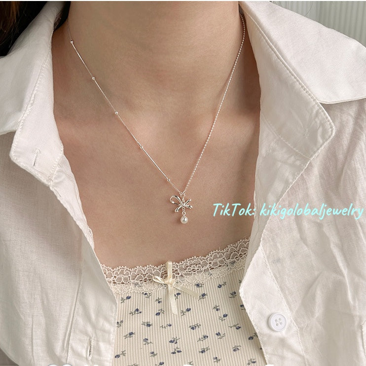 s925 sterling silver bow pearl necklace